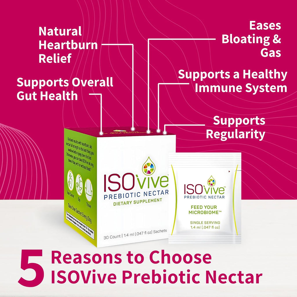 ISOVive Prebiotic Liquid Supplement (30-Day Supply) Natural Heartburn and Bloating Relief - Naturally Fermented Daily Fiber - Formerly