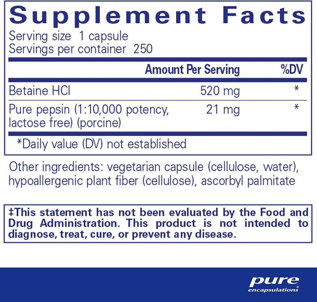 Pure Encapsulations Betaine HCl Pepsin - Digestive Enzymes Supplement for Digestion Aid & Support, Stomach Acid & Nutrient Absorption* - with Betaine HCl Pepsin - 250 Capsules