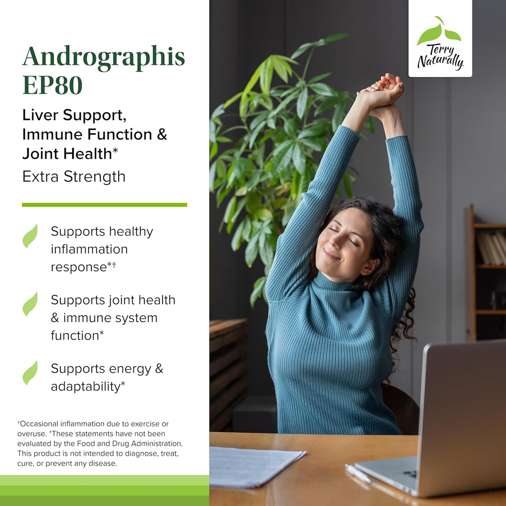 Terry Naturally Andrographis EP80 Extra Strength - Brain Health & Immune Support - Joint Health Supplement to Aid Mobility - Vegan Adaptogen Supplement for Energy & Liver Support - 60 Capsules