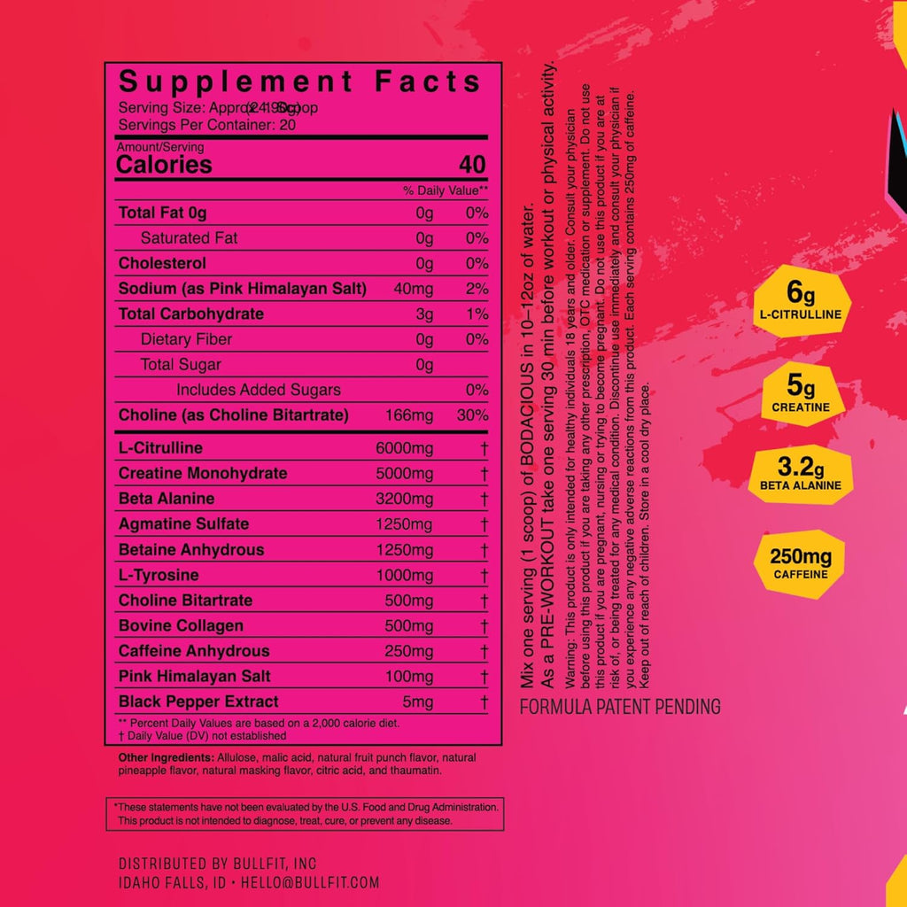 BULLFIT Pre Workout Powder, Support for Men & Women, L Citrulline, Creatine, Beta Alanine & Electrolytes, Powdered Drink Mix with No Sucralose & Zero Sugar, 20 Srvgs (20 SRV, Fruit Punch)