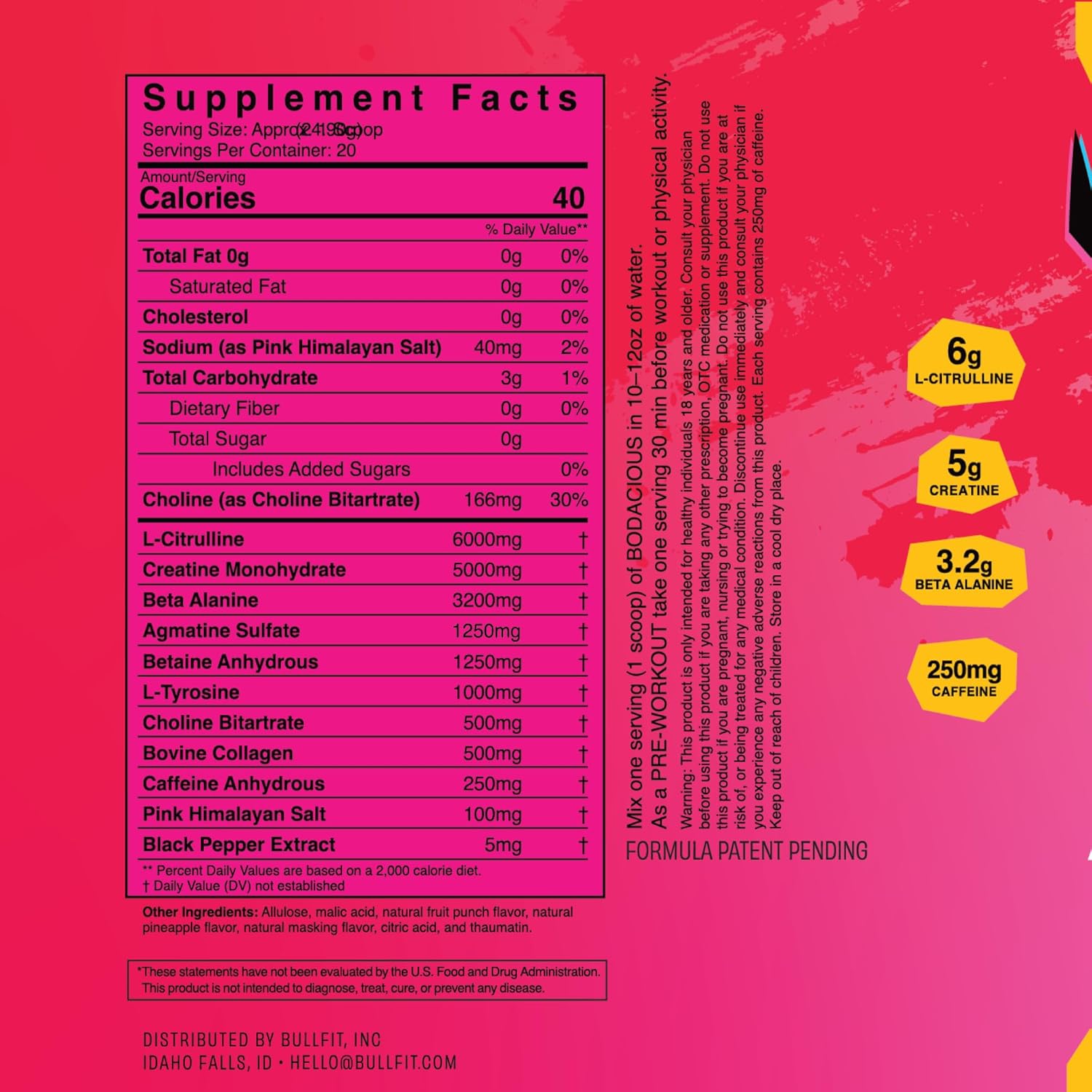 BULLFIT Pre Workout Powder, Support for Men & Women, L Citrulline, Creatine, Beta Alanine & Electrolytes, Powdered Drink Mix with No Sucralose & Zero Sugar, 20 Srvgs (20 SRV, Fruit Punch)
