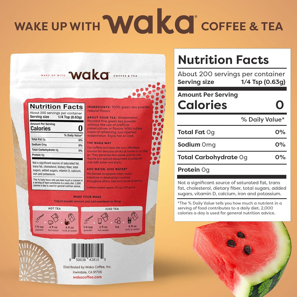 Waka Instant Green Tea Mix, Watermelon Flavored - 100% Tea Leaves, No Additives, Unsweetened Tea Powder in Bulk Pouch – Easy Quick Hot and Iced Teas, Up to 200 Cups (4.5oz)