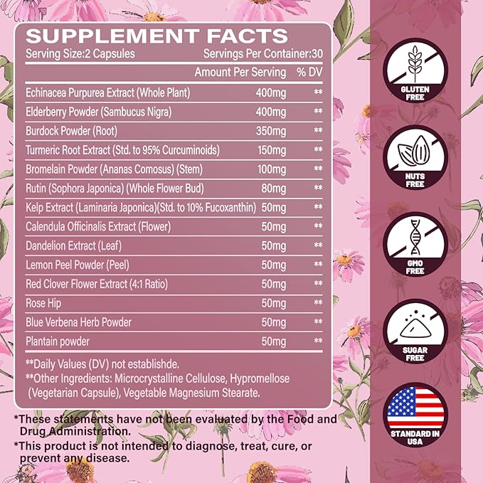 Lymphatic Drainage Supplement 1880 mg, Lymphatic System Support Supplement with Echinacea, Dandelion, Turmeric, Burdock, Elderberry, and Calendula, Lymph Detox Cleanse & Immune Support, 60 Capsules