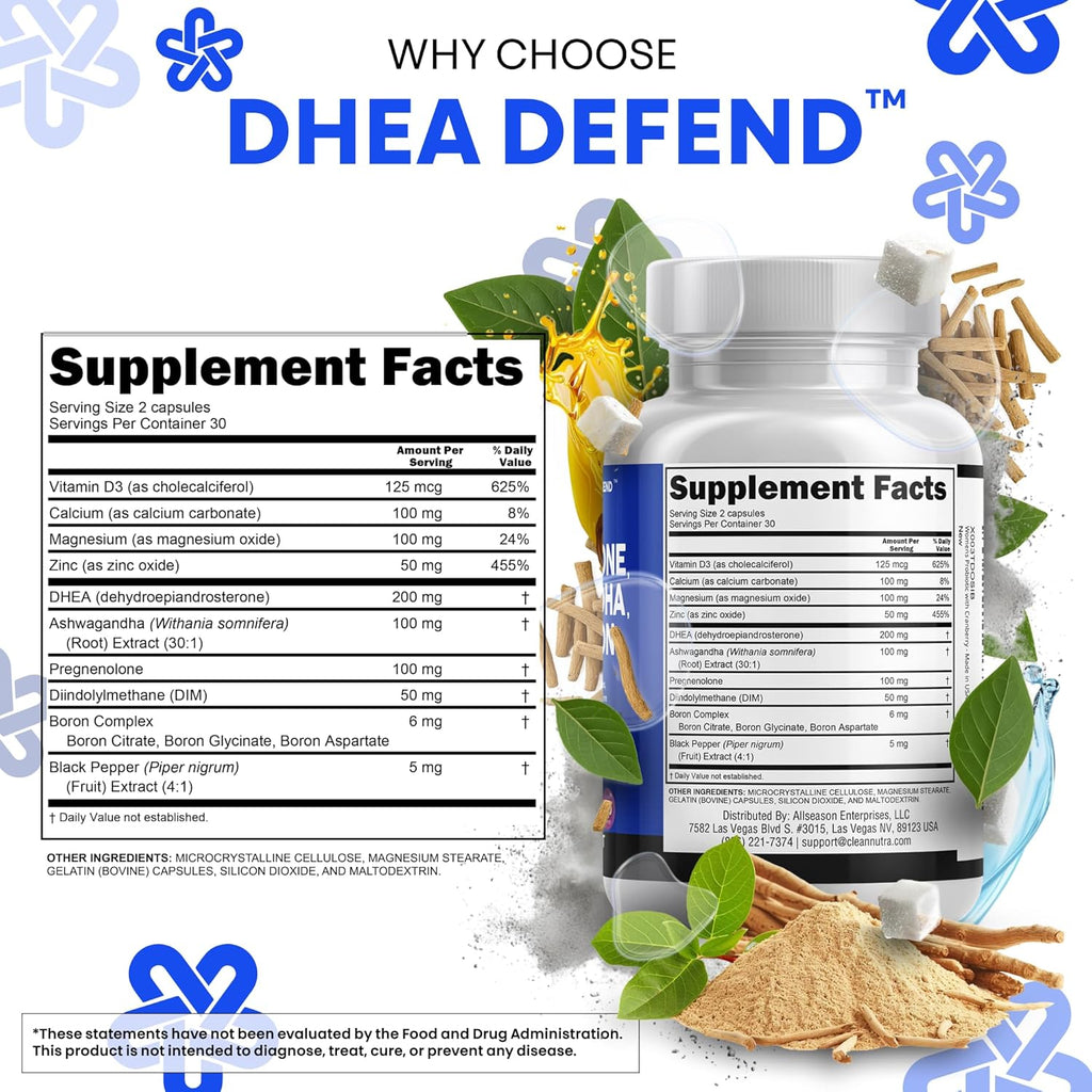 DHEA 200mg Supplement Pregnenolone 100mg for Men & Women with DIM Ashwagandha Boron 6mg Complex Calcium Magnesium Zinc 50mg Vitamin D3 5000 iu Hormone Support Capsules Pills - Made in USA 60 Ct