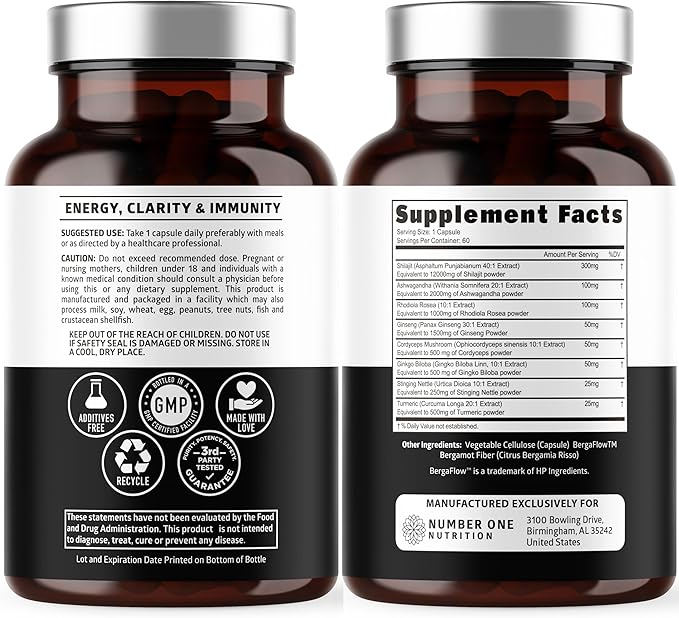 Pure Himalayan Shilajit for Women and Men [50% Fulvic Acid] Better Than Resin with Ashwagandha, Ginseng, Turmeric, Gingko Biloba, Stinging Nettle, Cordyceps to Support Energy & Immunity, 60Caps