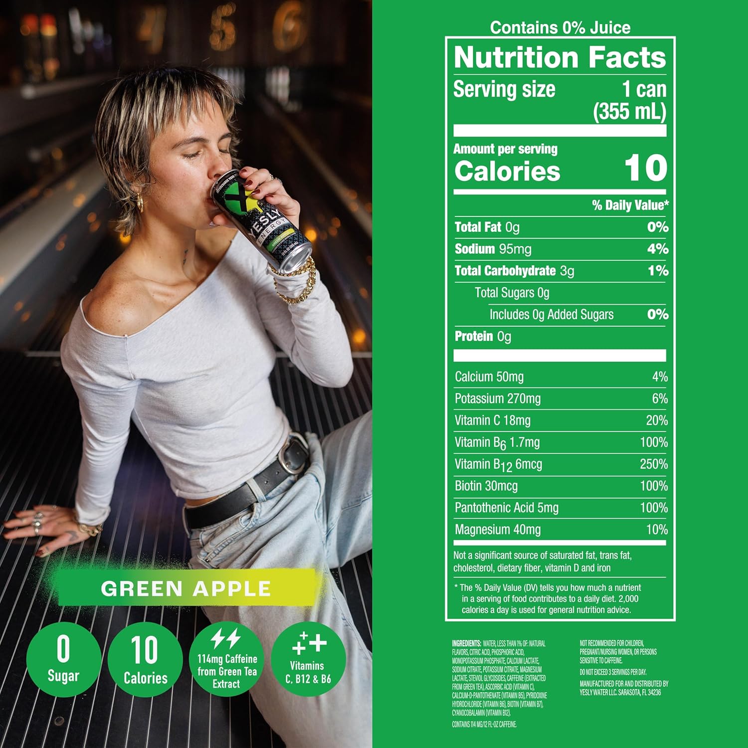 Yesly Energy Drink, Variety Pack, Naturally Flavored Sparkling Energy Drink With Electrolytes, Magnesium, Potassium, Vitamin C, B6 & B12, Natural Caffeine From Green Tea, 12 Fl Oz Cans, 12 Pack