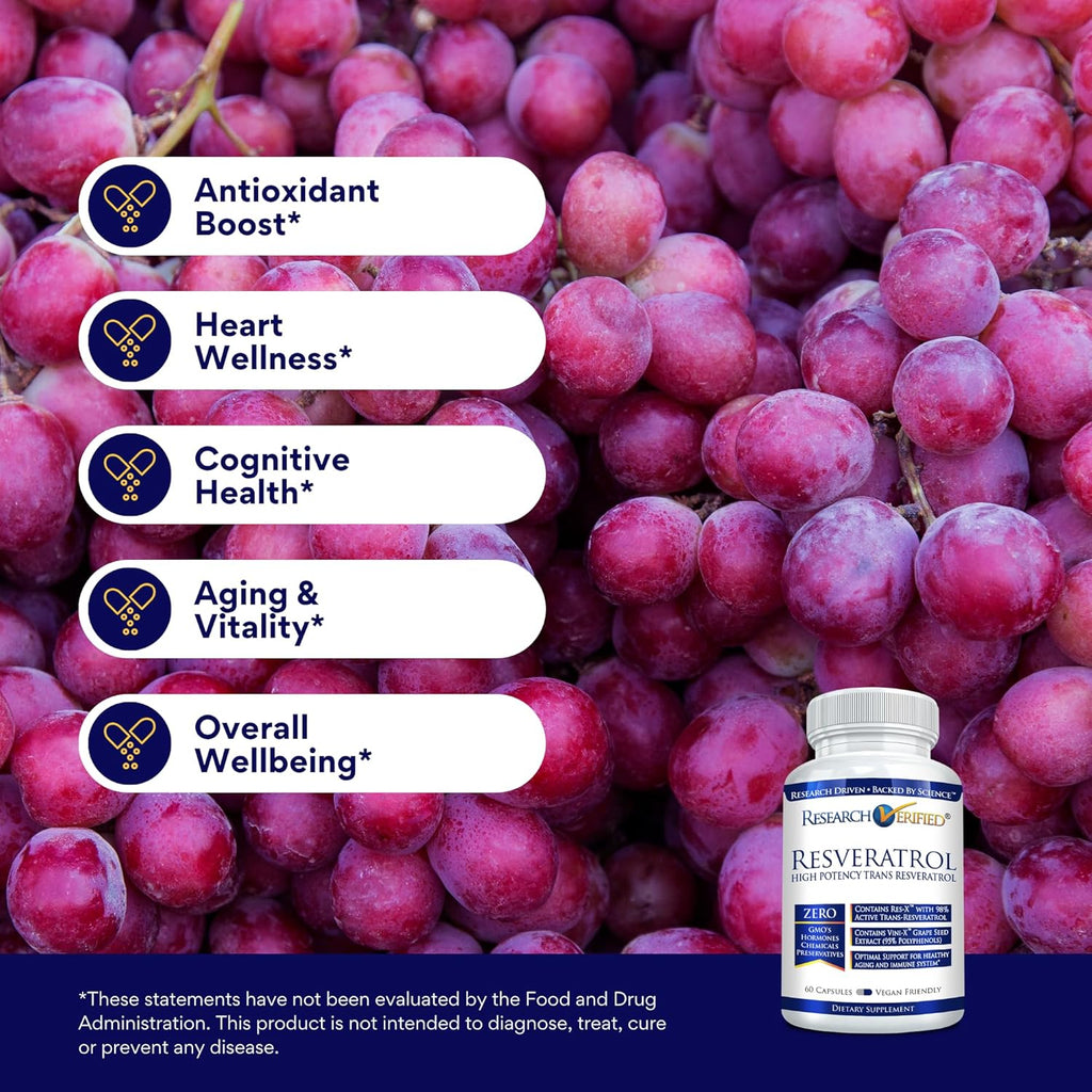 Research Verified Resveratrol - 98% Trans-Resveratrol 1000 mg, Anti-Aging Support - 60 Capsules per Bottle - 6 Bottles