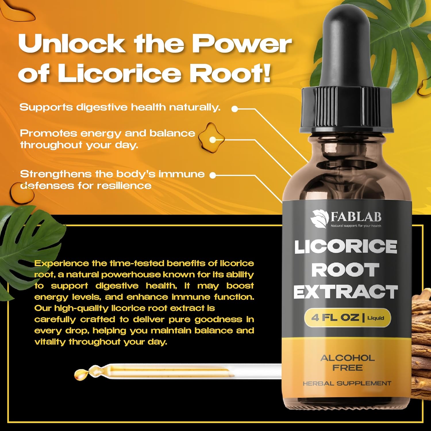 FabLab Licorice Root Extract - Herbal Immune Support- Glycyrrhiza Glabra Supplement for Digestion Restore Respiratory Health Fatigue -Non-GMO (4 FL OZ)