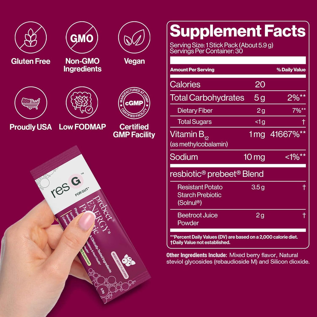 ResBiotic resG prebeet Prebiotic - Fiber Digestion Supplement, Drinkable GLP-1, Powder Packets for Women & Men, On The Go Gut Health Drink Mix, Gluten Free, Sugar Free - 15 Stick Packs