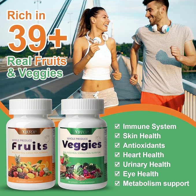Fruit & Vegetable Supplement - Natural Ingredients - 2 Bottles - 180 Capsules Total | A Blend of 20+19 Natural Whole Fruits & Vegetables, a Fresh superfood Formula Rich in Vitamins and Minerals