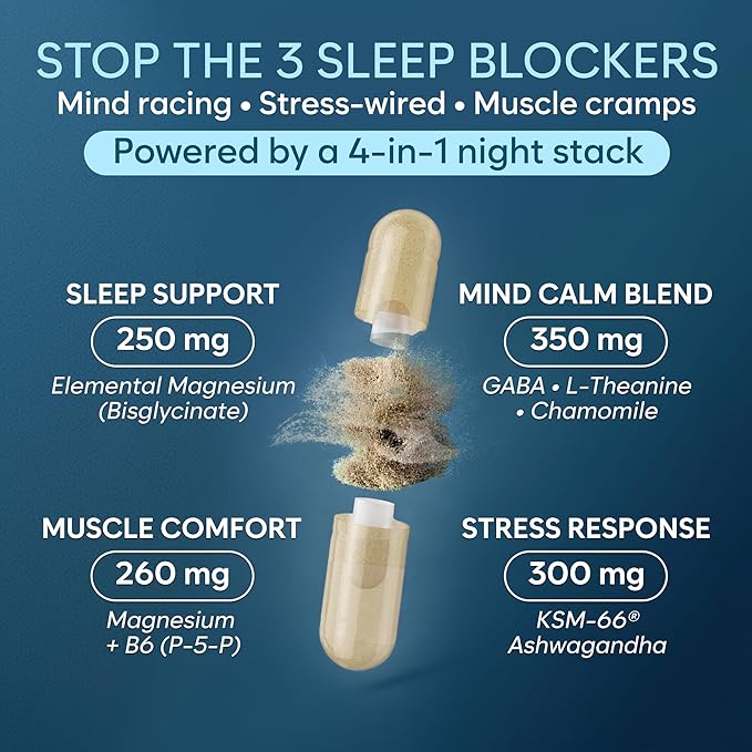 Natural Chelated Magnesium Glycinate Sleep Aid - Melatonin-Free Sleep & Stress Relief with KSM-66 Ashwagandha, GABA, L-Theanine & Chamomile for Muscle Relaxation - Made in USA - 90 Capsules