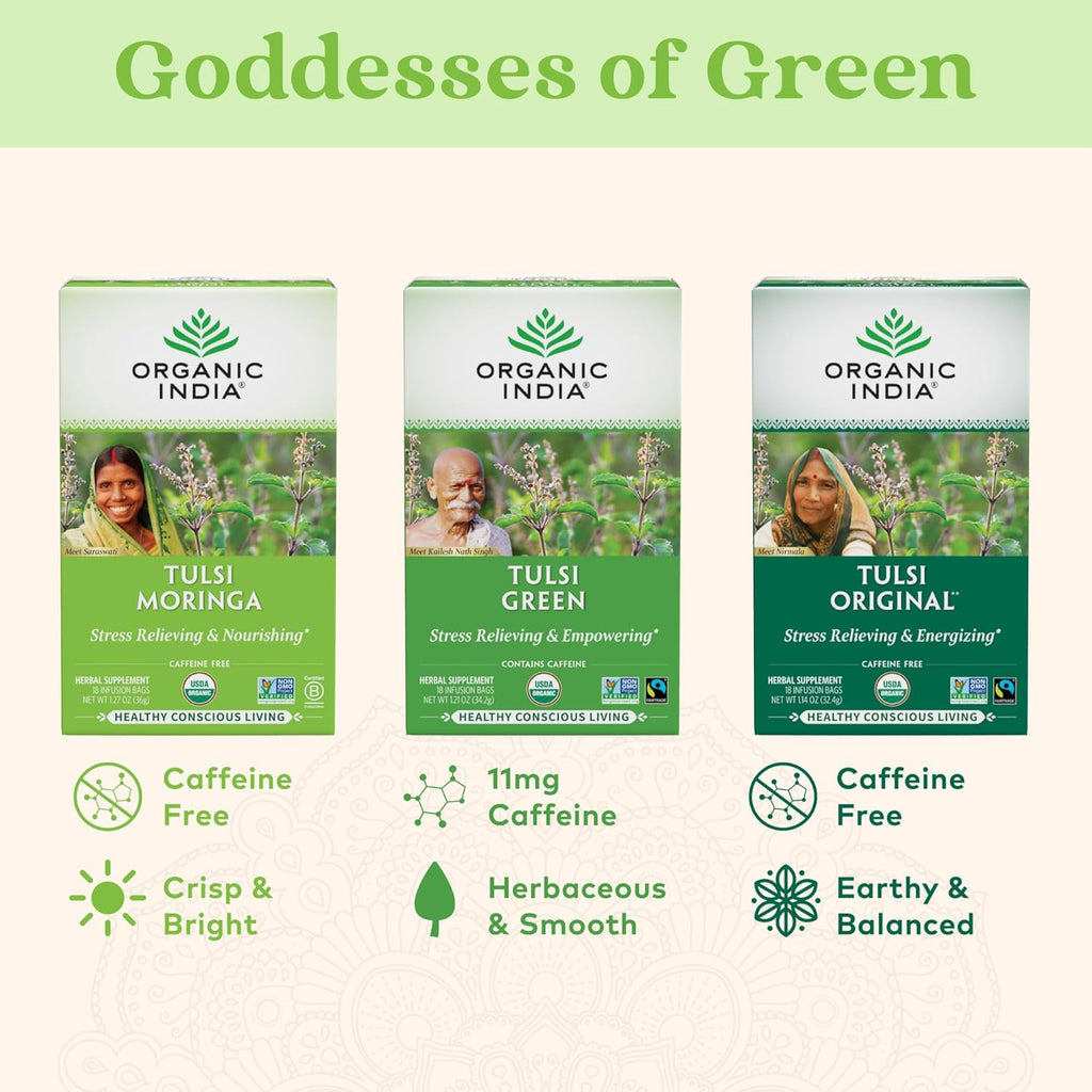 ORGANIC INDIA Tulsi Moringa Tea Bags- Holy Basil, Lemongrass, Moringa Leaves, Calming Immune Support Tea, USDA Organic, Caffeine Free- 18 Bags, 3 Pack