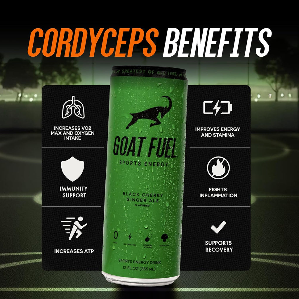 G.O.A.T. Fuel Energy Drink, Co-Founded by Jerry Rice, Natural Caffeine, Electrolytes, BCAAs, Cordyceps & Antioxidants, Light Carbonation Pre Workout, 12 Pack, 12 FL Oz, Black Cherry Ginger Ale