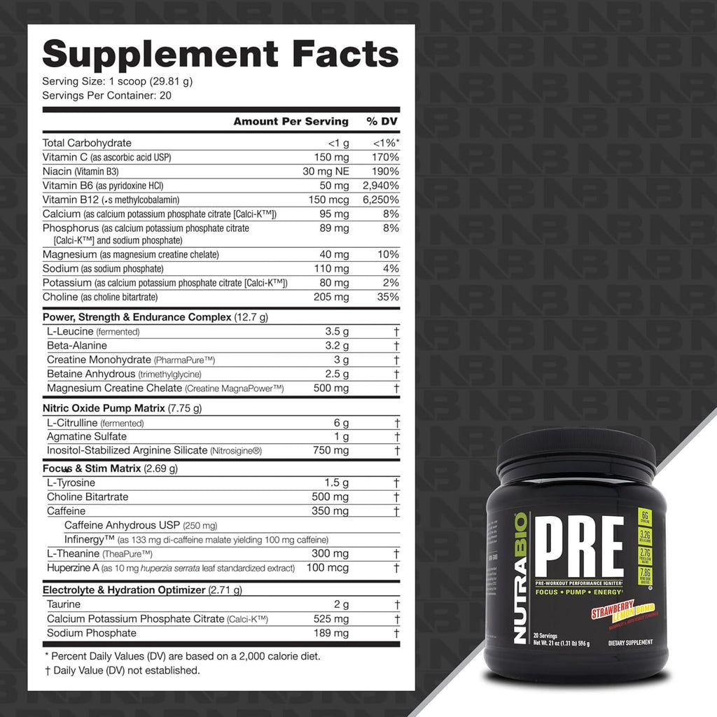 NutraBio PRE Workout Powder - Old Formula- Sustained Energy, Mental Focus, Endurance - Beta Alanine, Creatine, Caffeine, Electrolytes - 20 Servings - Strawberry Lemon Bomb