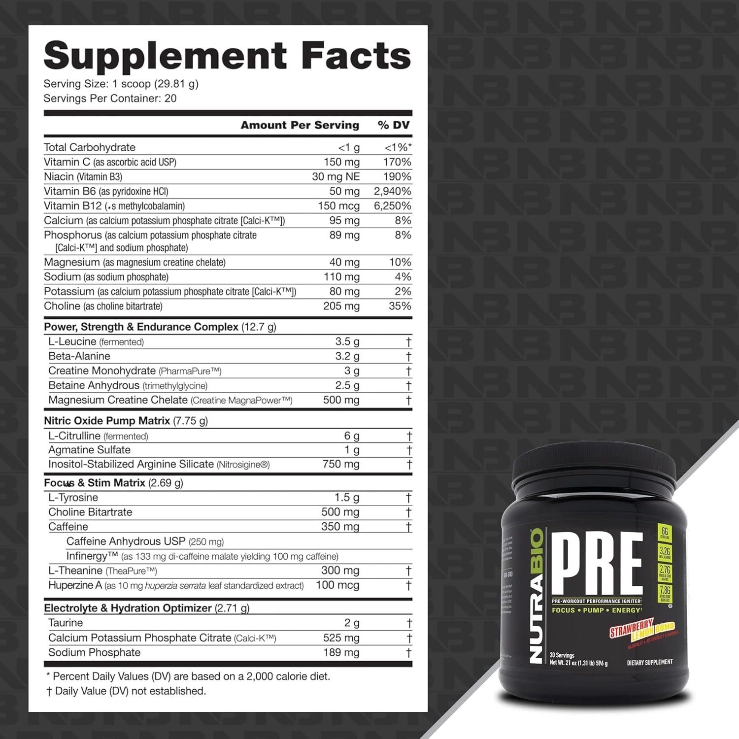 NutraBio PRE Workout Powder - Old Formula- Sustained Energy, Mental Focus, Endurance - Beta Alanine, Creatine, Caffeine, Electrolytes - 20 Servings - Strawberry Lemon Bomb