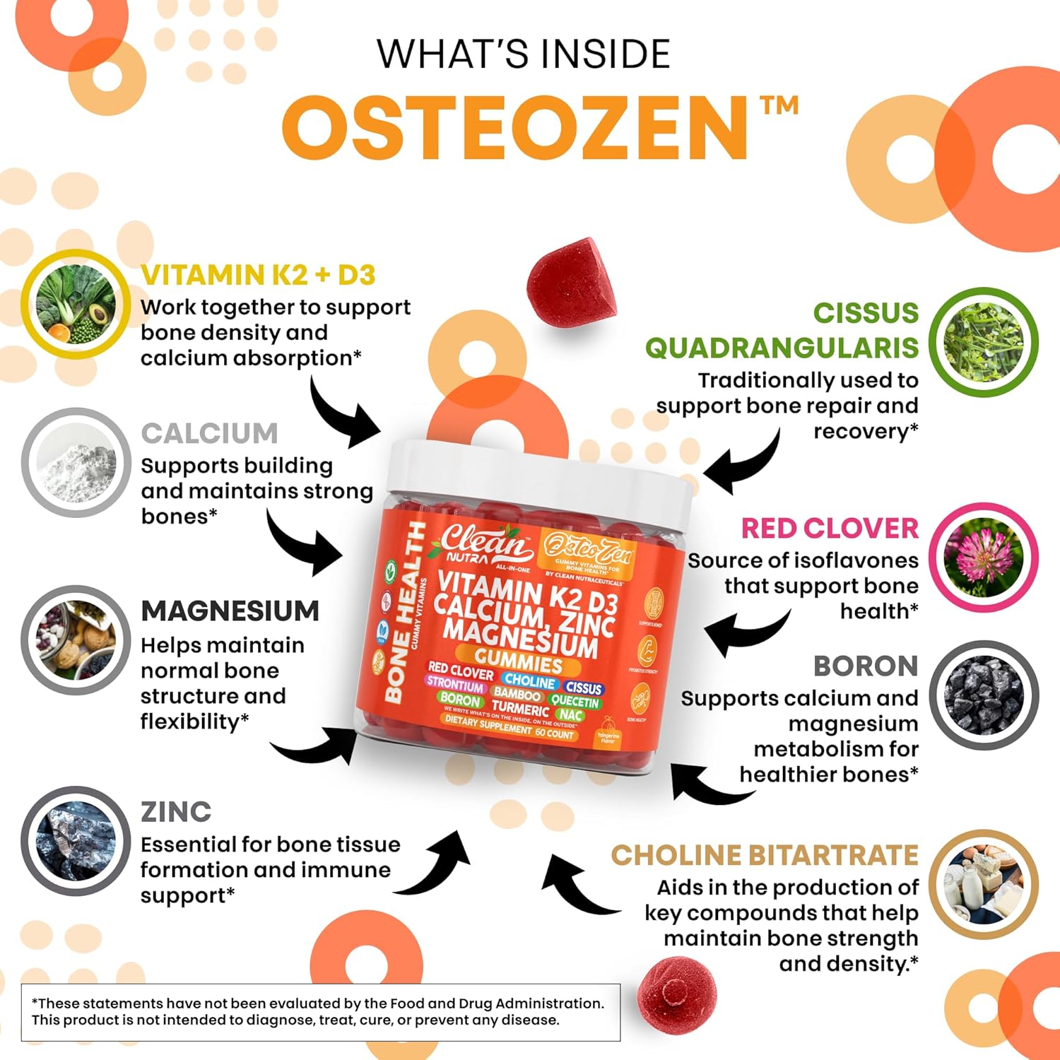 Osteo Zen Vitamin D3 K2 Gummies Bone Support Magnesium Zinc Calcium Quercetin Boron Choline Red Clover Turmeric 60 Count Tangerine Tang Flavor for Skeletal Strength & Resilience by Clean Nutra