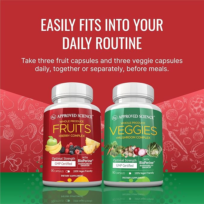 Approved Science Fruits & Veggies - 42 Whole Fruit and Veggie Supplement - Enhanced Health & Vitality - Daily Natural Vitamins, Minerals, Antioxidants - 270 Capsules Each - 3-Month Supply