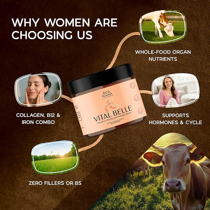 Vital Belle Grass Fed Beef Organ Supplement for Women – Nutrients from Bovine Liver, Heart & Kidney – Balanced Energy & Daily Wellness Support – 60 Grassfed Capsules – Pasture-Raised Organ Blend