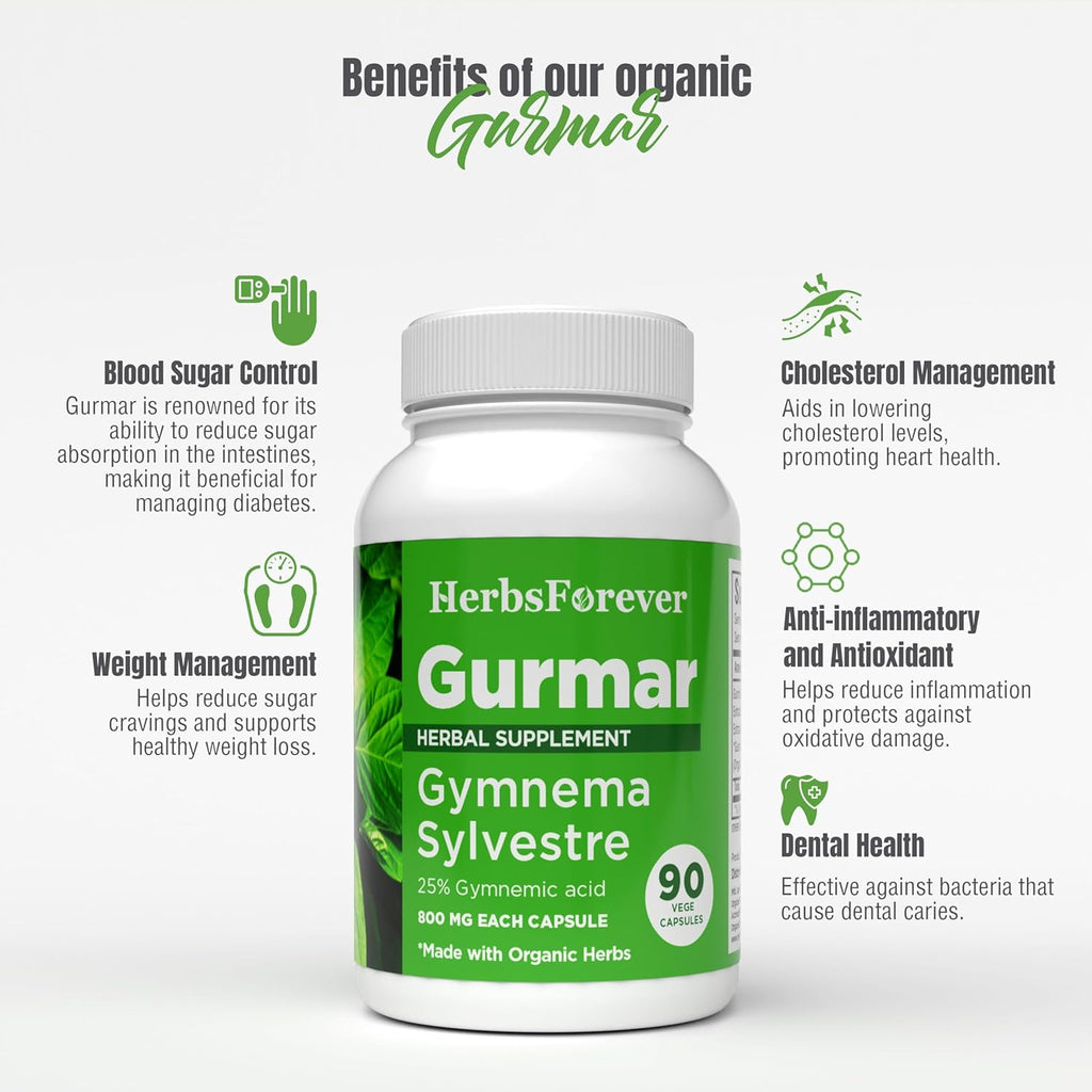 Gurmar Capsules | Gymnema Sylvestre Extract 7:1 | 90 Vegan Capsules | Ayurvedic Herbal Supplement | Supports Healthy Sugar Metabolism & Wellness