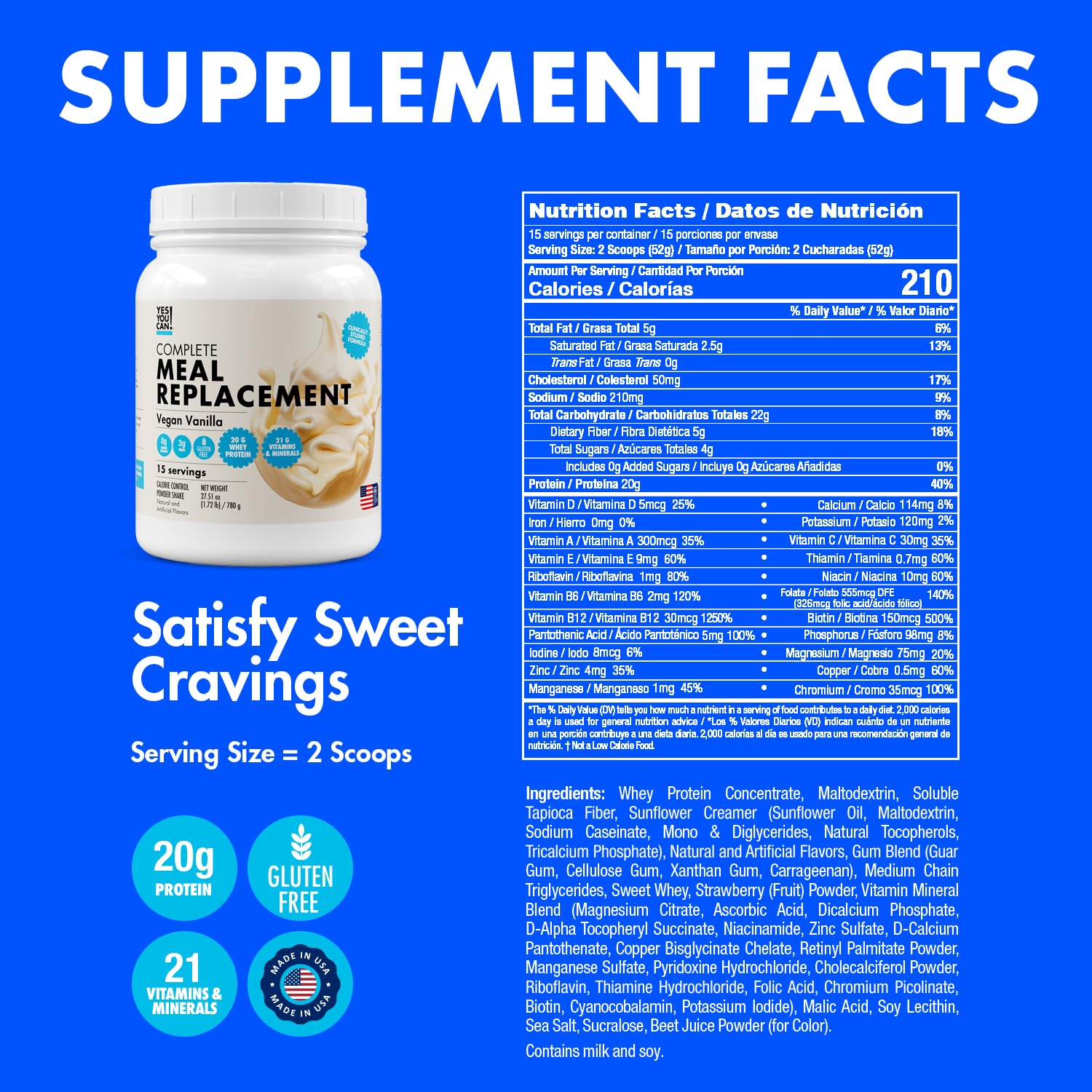 Yes You Can! Meal Replacement Shake - 20G Protein, 5G Fiber, 21 Vitamins & Minerals - Meal Replacement Protein Powder - Complete All-in-One Nutrition - 15 Servings (Vanilla) - 2 Pack