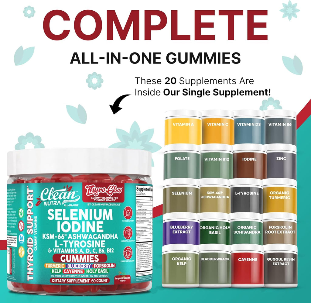 ThyroGlow Thyroid Support Gummies Selenium Iodine KSM 66 Ashwagandha L Tyrosine Vitamin D, C, B12, B6 Turmeric Blueberry Holy Basil Folate Bladderwrack by Clean Nutra