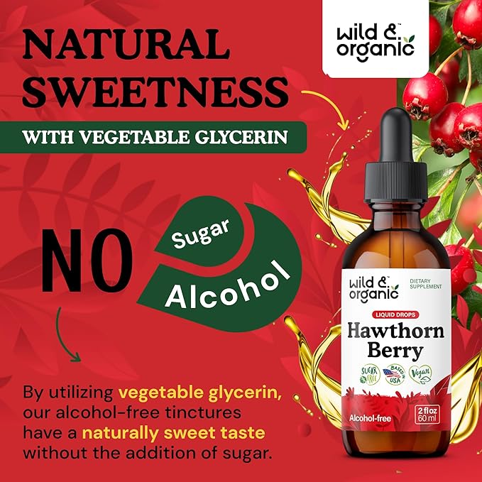 Wild & Organic Hawthorn Berry Extract Drops 600 mg - Liquid Hawthorne Supplement for Overall Support - Vegan, Sugar & Alcohol-Free Herb Tincture - 2 fl oz