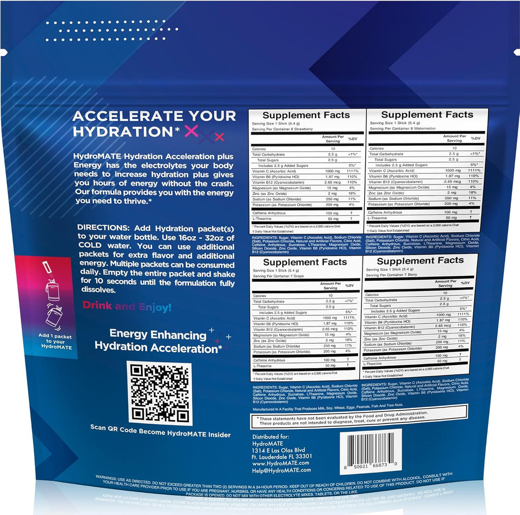 HydroMATE Electrolytes Powder Drink Mix Packets Hydration Accelerator Low Sugar Party Favors for Relief Rapid Recovery Vitamin C Plus Caffeine Variety Pack 90 Count