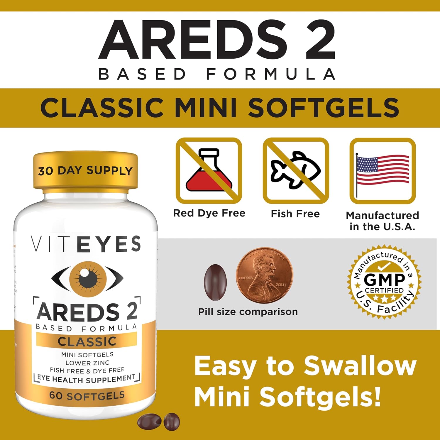 Viteyes AREDS 2 Classic Macular Health Formula Softgels, Eye Health Vitamin for Vision Protection, Lower Zinc, Eye Vitamins, Macular Vitamins, Beta-Carotene Free, 60 Softgels