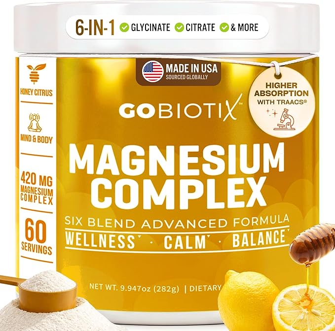 GoBiotix Magnesium Glycinate Powder – Cortisol Supplements for Women and Men – High Absorption Magnesium Complex Calm Supplement with Citrate, Malate – Sugar Free – 420 mg, 60 Servings - Honey Citrus