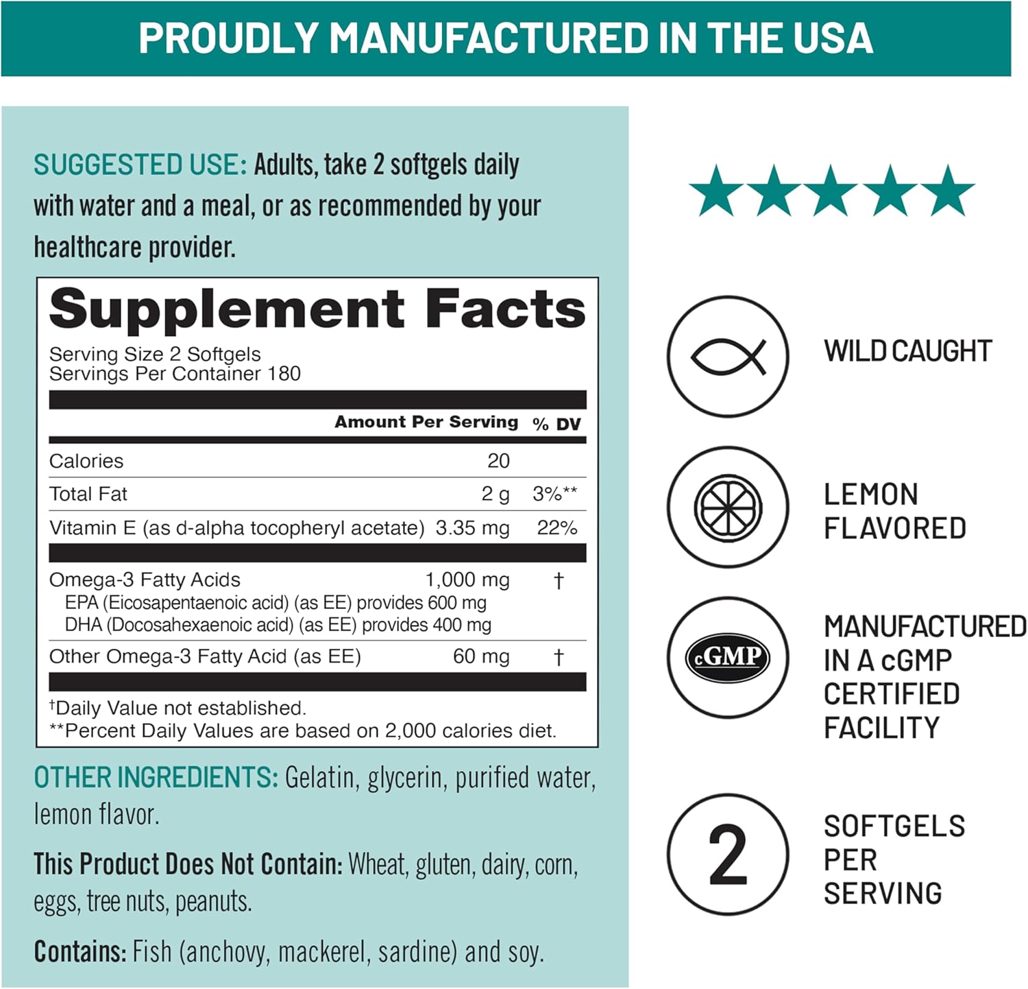 NatureWise Extra-Strength Omega 3 Fish Oil Supplement - 1000mg per Serving - 600 EPA & 400 DHA and Vitamin E - Support for Heart & Brain Health - Lemon Flavor, GMO-Free - 360 Softgels[6-Month Supply]