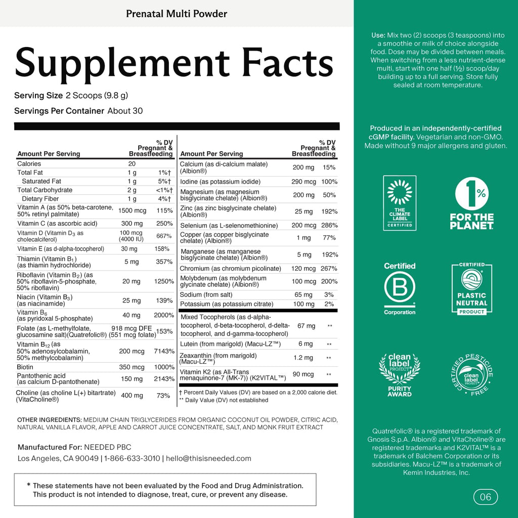 Needed. Vanilla Multivitamin Powder with Choline for Prenatal, Pregnancy, Breastfeeding, Postpartum | Expertly-Formulated & Third-Party Tested | 30-Day Supply