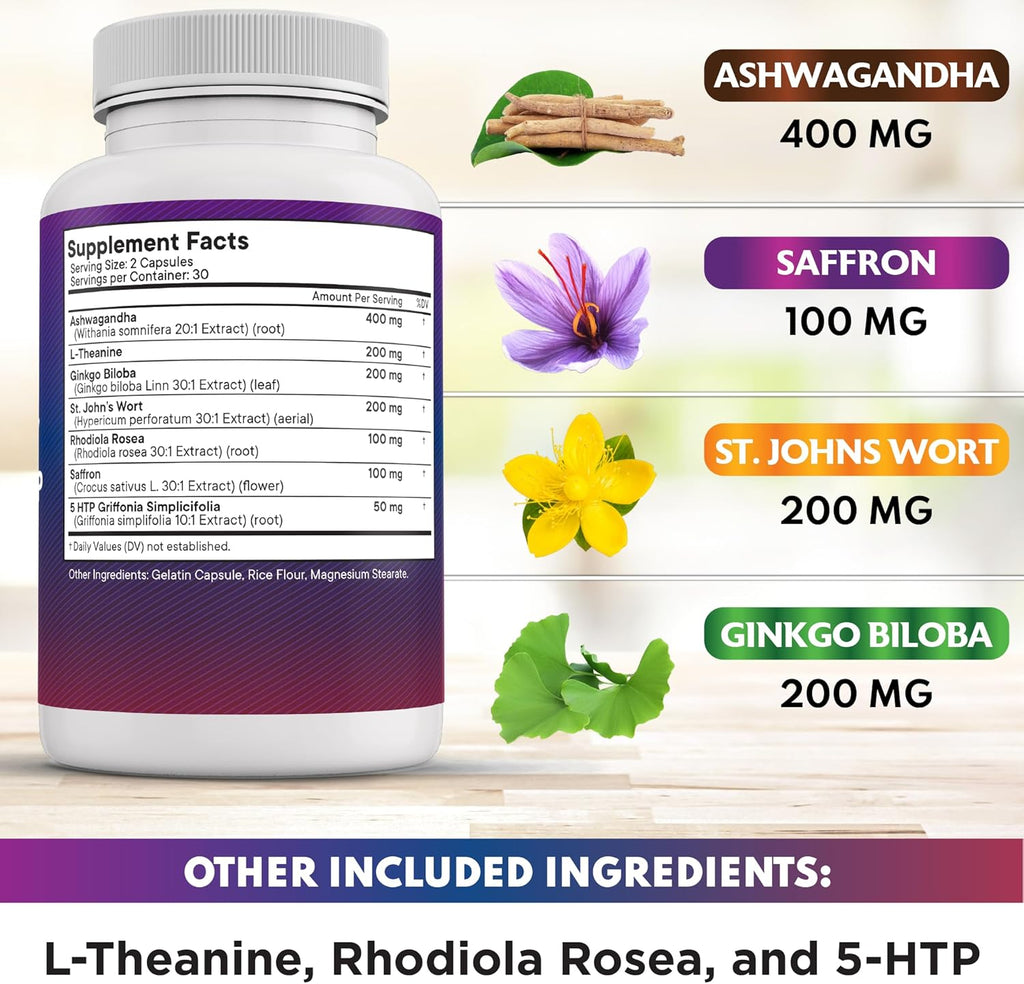 NEW AGE Saffron Supplements with Ashwagandha - Support with L-Theanine, Ginkgo Biloba, St. John's Wort, Rhodiola Rosea & 5-HTP - Saffron 120 Count