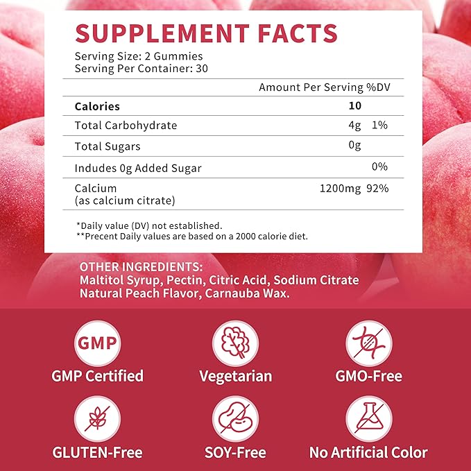 (2 Pack) Calcium Citrate 1200 mg Gummies Supplements for Women & Men,Pure Calcium Citrate Gummies for Bone, Muscle & Immune Support - Easy to Digest, Sugar Free,Vegan,Peach Flavor,60 Day Supply