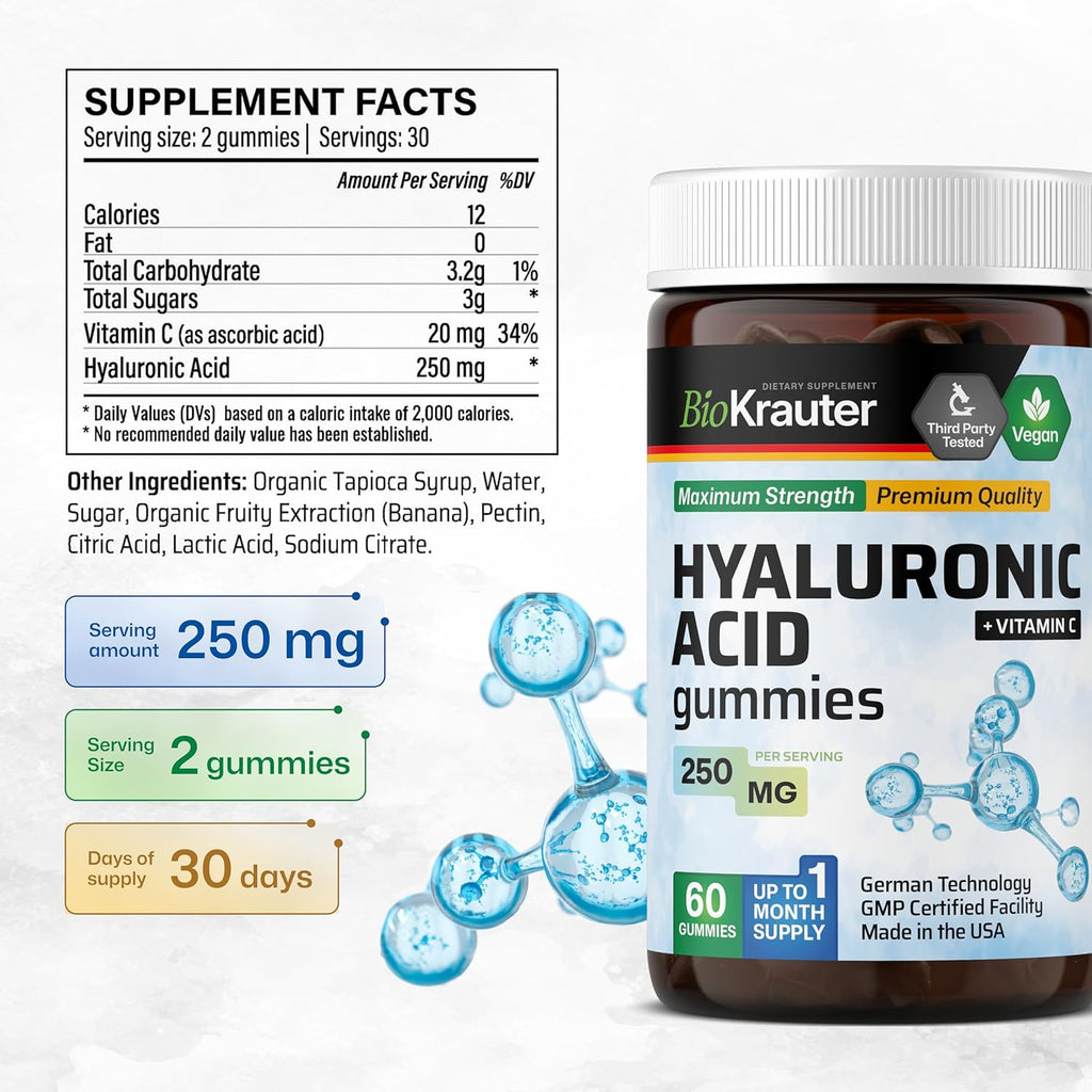 BIO KRAUTER Hyaluronic Acid Gummies w/Vitamin C - 250 mg - 60 Vegan Chews - Hyaluronic Acid Supplements - Pectin-Based
