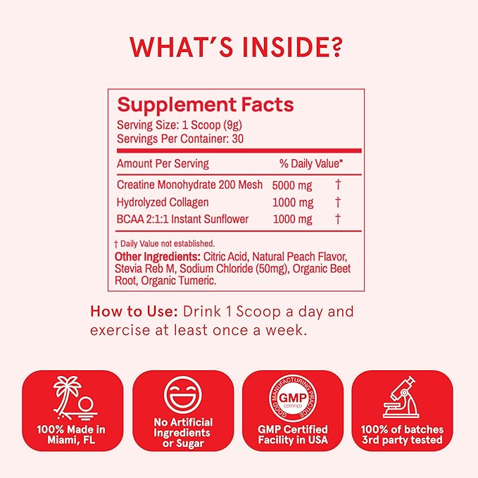 Peach Perfect Creatine Monohydrate Powder, Glute Builder Creatine for Women with Collagen, BCAAs, 5g Vegan Micronized Creatine per Serving, for Energy, Muscle Support, 30 SVG, Peach Flavor