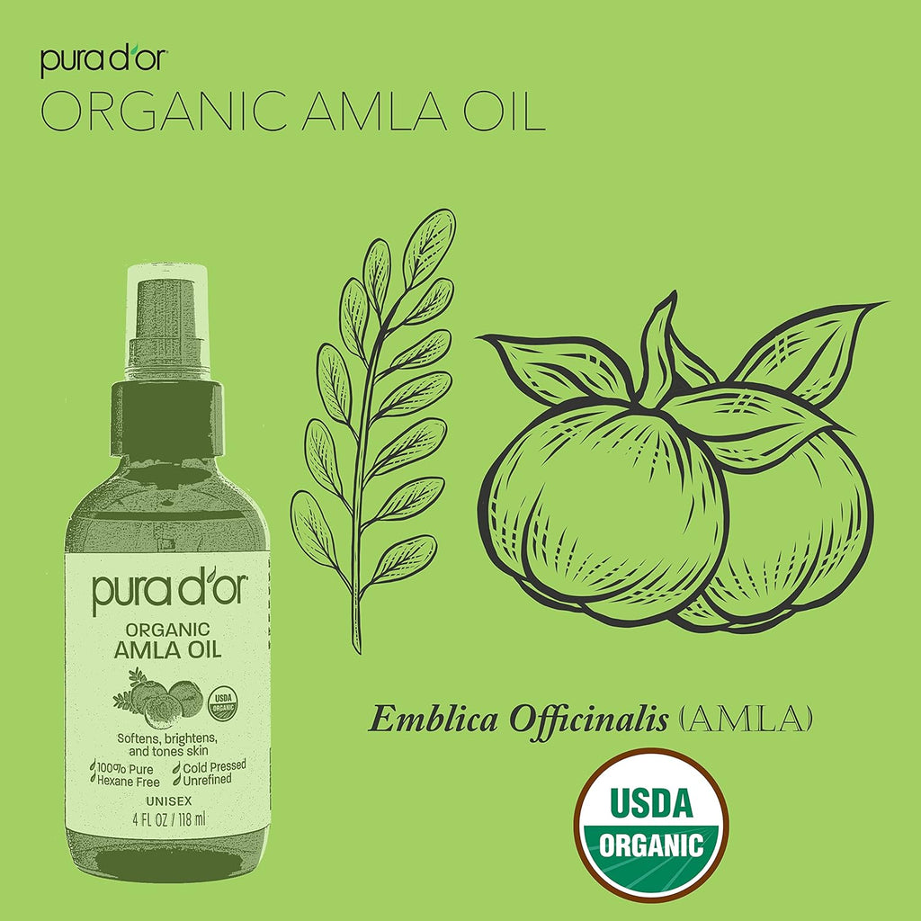 PURA D'OR Organic Amla Oil (4oz / 118mL) 100% Pure USDA Certified Premium Grade Natural Moisturizer, Cold Pressed, Hexane-Free Base Carrier for DIY Skin Care Men & Women, Pack of 1, 0.5 pounds