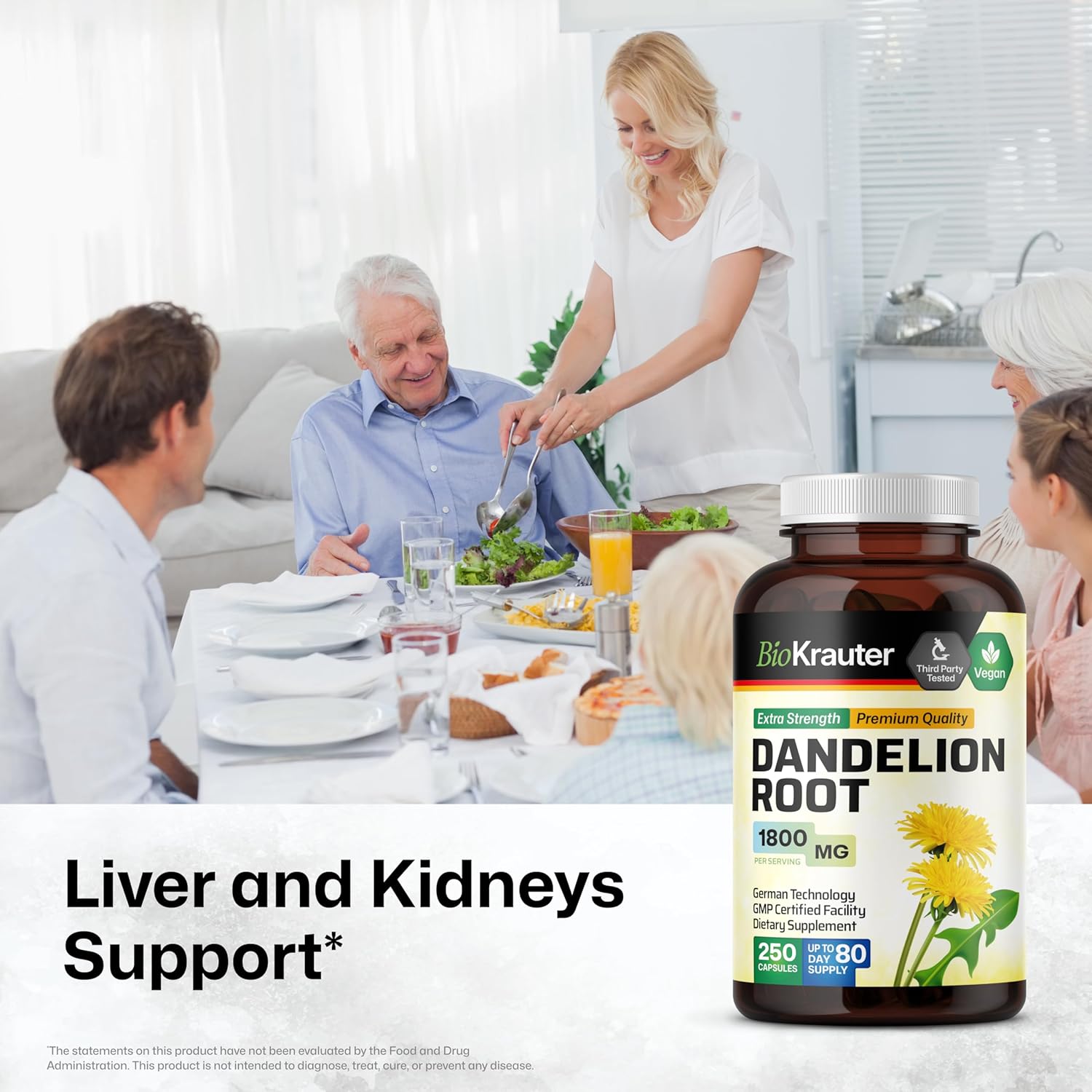 BIO KRAUTER® Dandelion Root Extract - Vegan & Pure Dandelion Root Capsules 1800 mg per Serving 250 Caps - Used for Liver & Kidney Support, Cleanse & Detox - No Fillers, Non-GMO - 83 Days of Supply