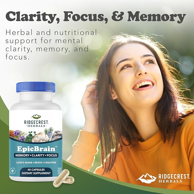 RidgeCrest Herbals EpicBrain, Natural Brain Support Supplement with Creatine Monohydrate, Lion's Mane, Reishi, Supports Mental Clarity, Memory, Focus, Stimulant-Free Nootropic (60 Count, 30 Servings)