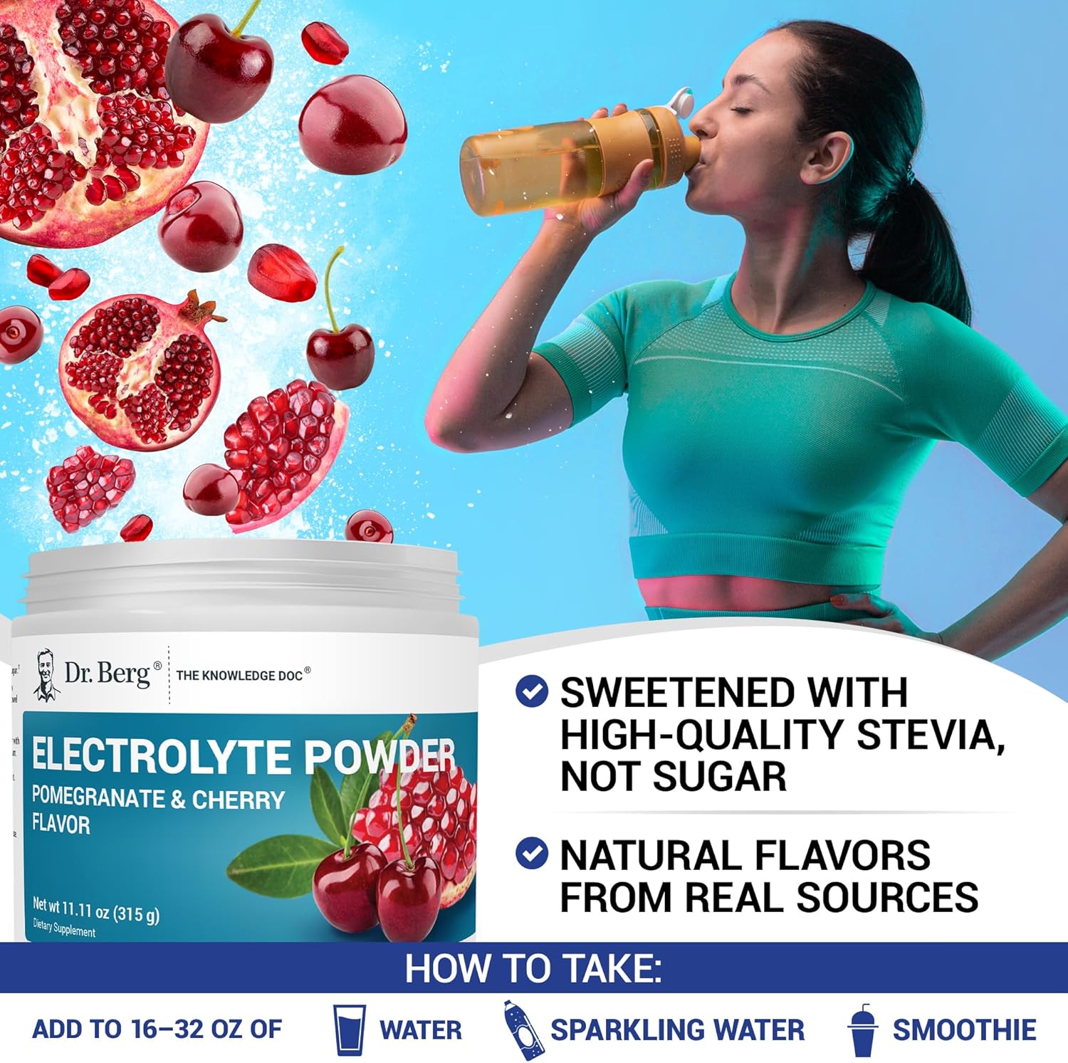 Dr. Berg Zero Sugar Hydration Keto Electrolyte Powder - Enhanced w/ 1000 mg of Potassium & Real Pink Himalayan Salt (NOT Table Salt) - Pomegranate and Cherry Hydration Drink Supplement - 50 Servings