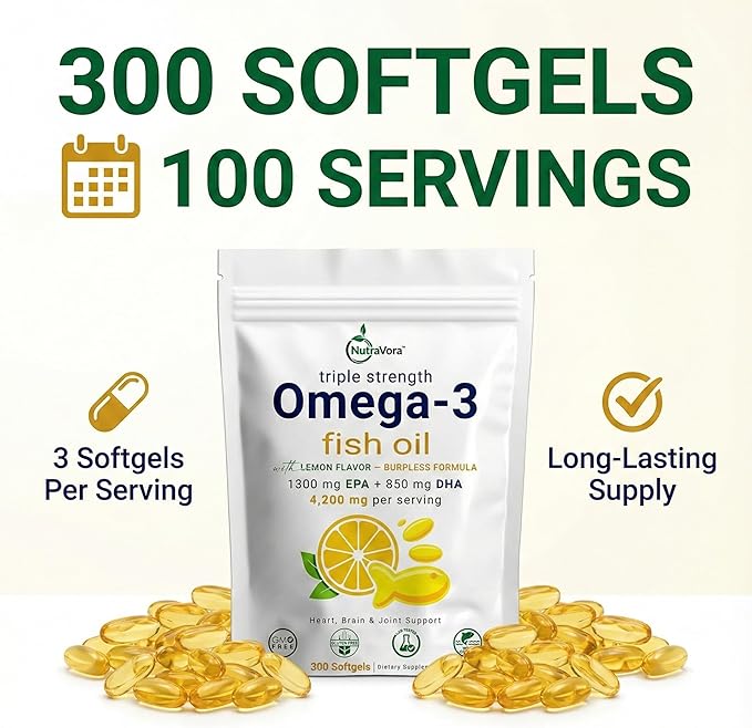 Triple Strength Omega-3 Fish Oil – 4200 mg Per Serving with 1300 mg EPA + 850 mg DHA – Lemon Flavor Burpless Formula – Wild-Caught, Non-GMO, Gluten-Free – 300 Softgels