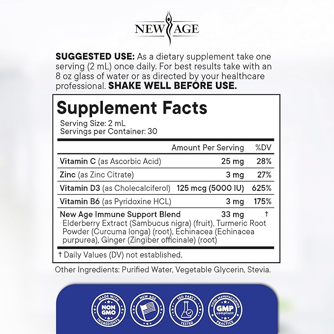 NEW AGE 8-in-1 Immune Support Liquid Drops – Elderberry, Turmeric Curcumin, Echinacea, Ginger, Vitamins C & D3, Zinc & B6 – Fast-Absorbing Immune & Antioxidant Support – Vegan, Non-GMO – 2 oz
