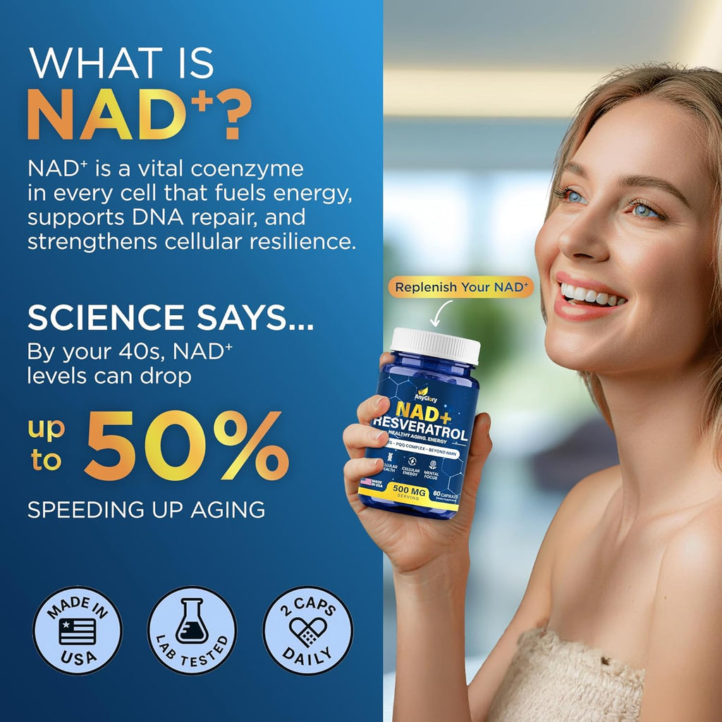 NAD+ Supplement with 500mg NR, Resveratrol, CoQ10, PQQ- 5-in-1 NAD Formula |NMN Supplement Alternative|NAD Resveratrol Support Cellular Energy & Healthy Aging-Made in USA-60 Capsules