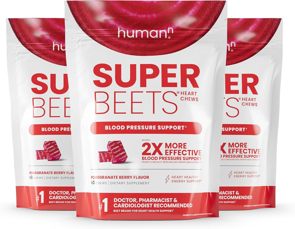 HumanN SuperBeets Heart Chews, Nitric Oxide and Blood Pressure Support, Grape Seed Extract & Non-GMO Beet Root Powder Energy, Pomegranate Berry Flavor, 180 Count