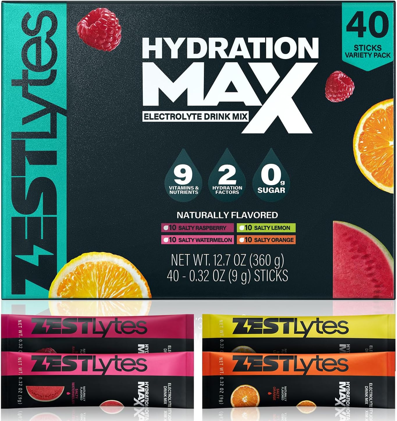 Salty Fruit Flavor Sugar Free Electrolyte Hydration Packets, 40 Sticks Electrolyte Powder Drink Mix, Liquid Daily IV Flavors | 9 Vitamins & Nutrients | 2 Hydration Factors