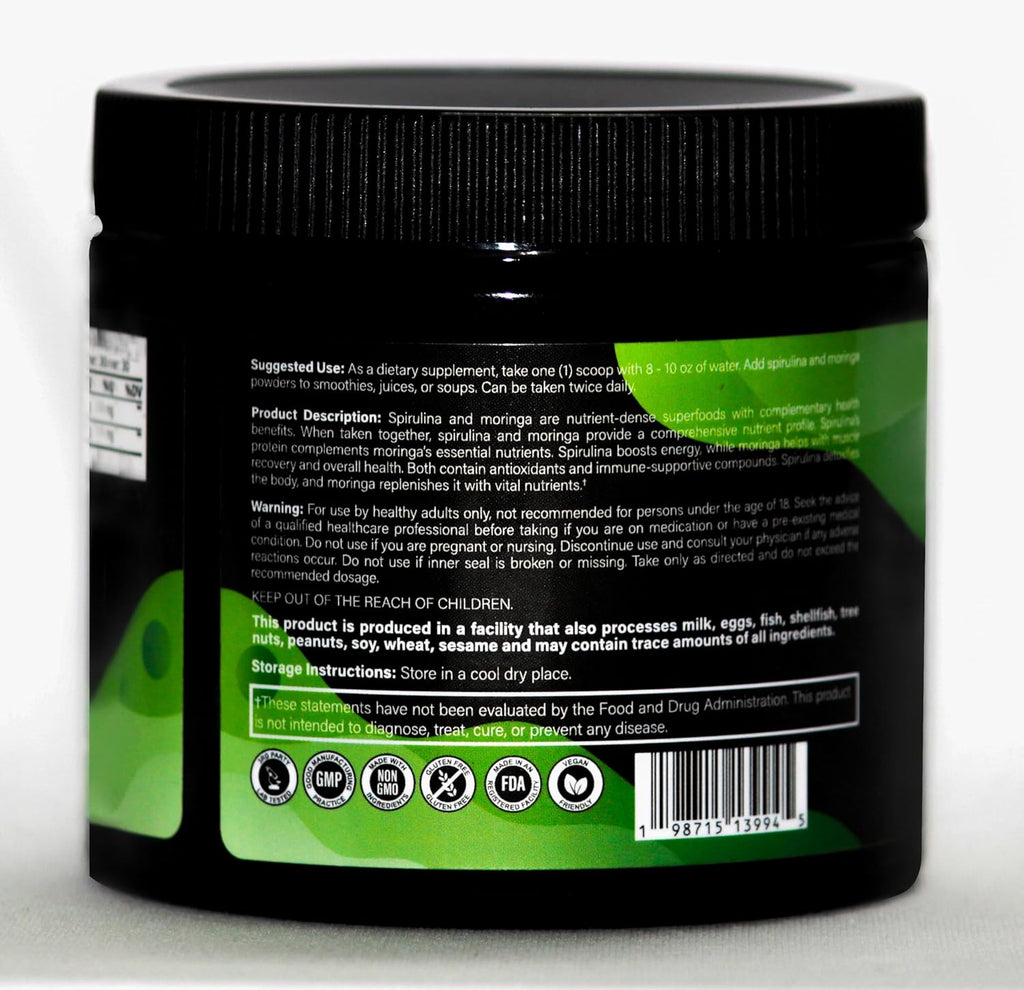 Organic Spirulina + Organic Moringa Greens Powder, Gluten-Free, Vegan Friendly, Detox & Digest, Superfoods 30 Servings Made in USA