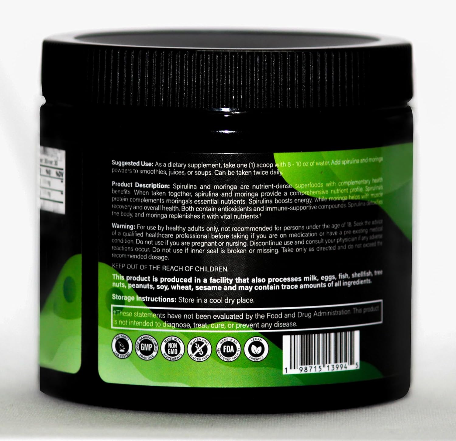 Organic Spirulina + Organic Moringa Greens Powder, Gluten-Free, Vegan Friendly, Detox & Digest, Superfoods 30 Servings Made in USA