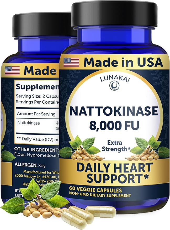 Lunakai USA Made Nattokinase Supplement – 400mg Natto Enzyme, 8000 FU per Serving – Heart & Circulation Support – Non-GMO, 60ct, 4000 FU Capsule