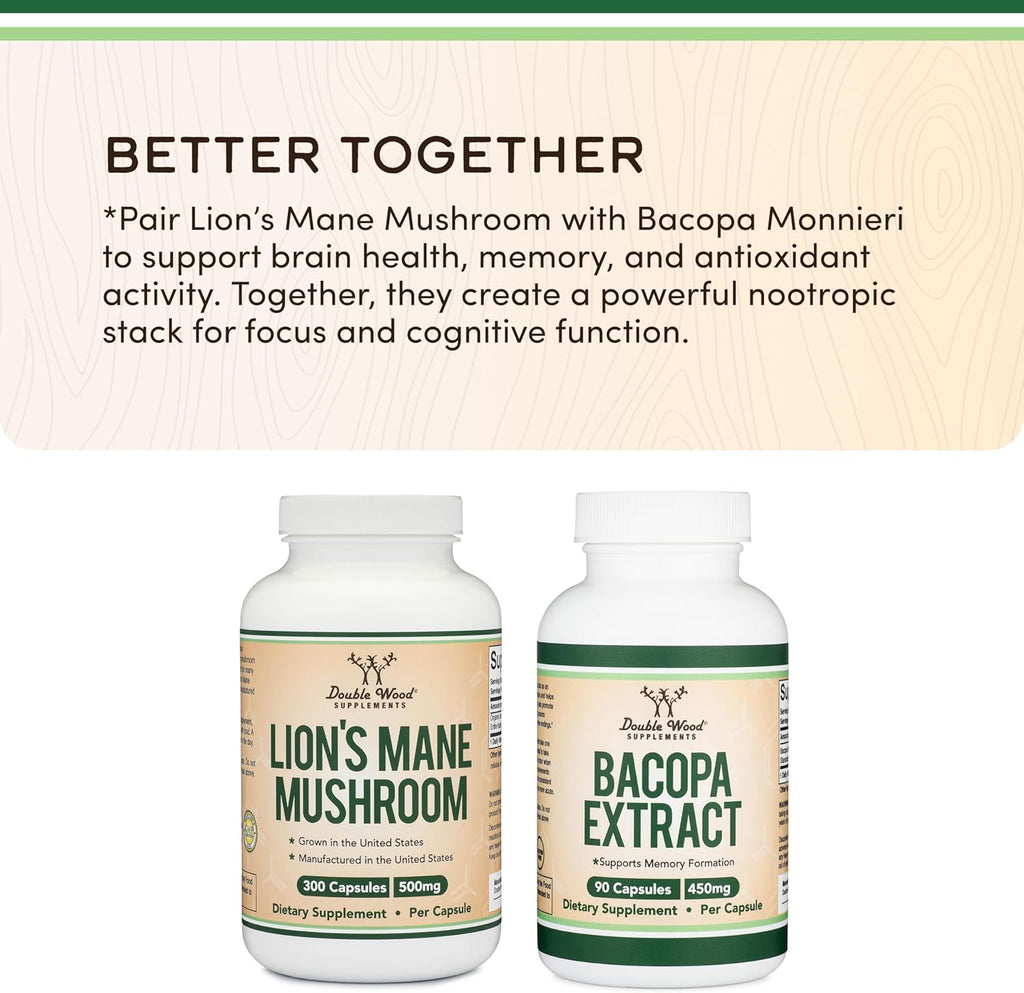Organic Lions Mane Mushroom Capsules (300 Count), for Focus Support and Immune Health, Third Party Tested and Grown in The USA - by Double Wood