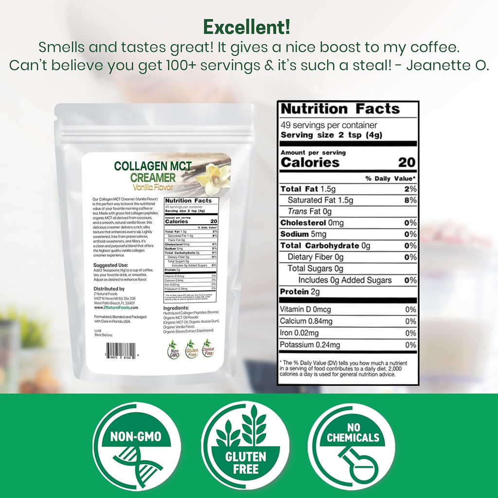 Z Natural Foods Collagen MCT Oil Creamer - Vanilla Flavor - Bulk 7 oz Size For Coffee, Tea, Shakes & Smoothies - Perfect for Cooking or Baking Recipes - Keto & Paleo Friendly Superfood Powder - Non GMO & Gluten Free