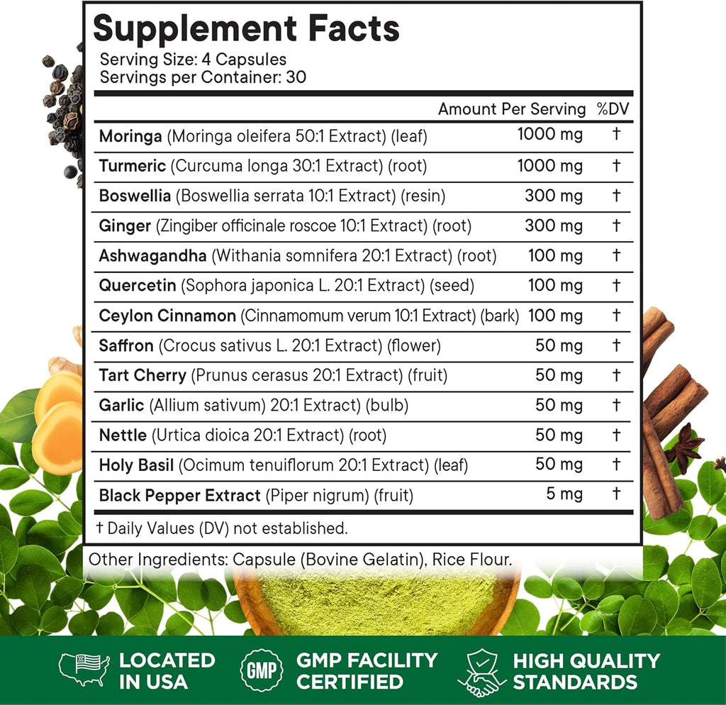 Turmeric Moringa Supplement | Ginger, Boswellia, Saffron, Holy Basil- Joint Support Supplement for Women and Men with Ceylon Cinnamon, Quercetin, Tart Cherry- 120 Count